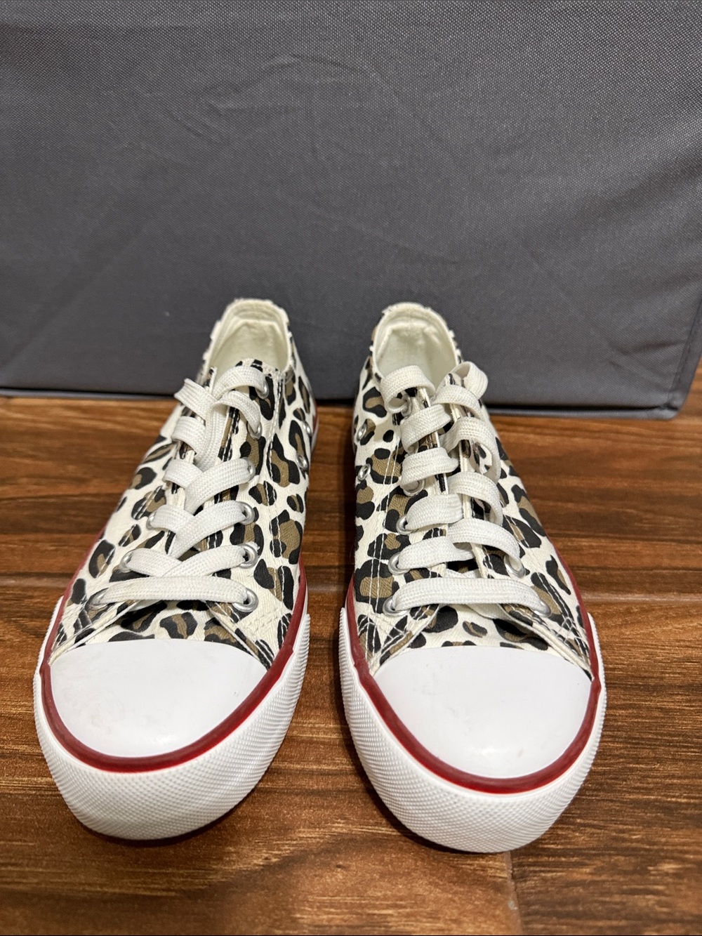 Amazon Leopard Print Canvas Lace-Up Sneakers in Cream and Black with Red Trim